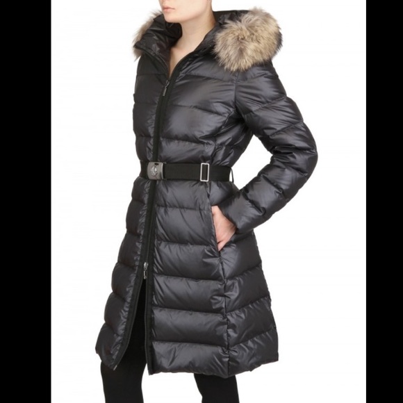 Moncler Long Coat Fur Trim Belted Black and Free Silk Face Mask - Picture 7 of 14
